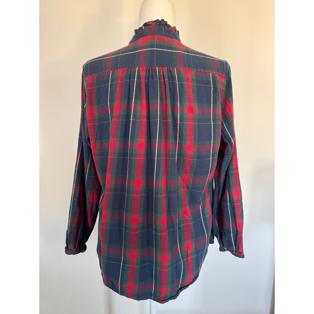 Birds of Paradis by Trovata Plaid Flannel Ruffle Collar Shirt Navy Red Medium - Picture 2 of 6